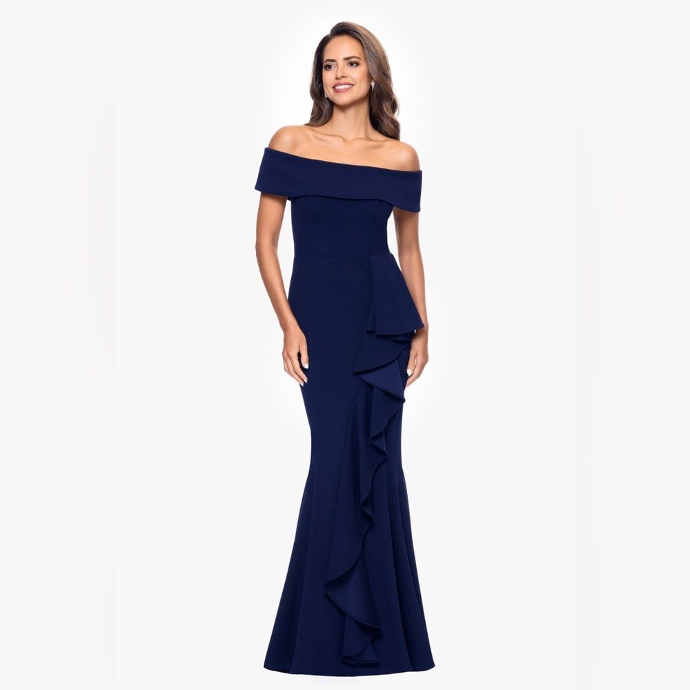 Betsy & Adam "CARINA" LONG OFF THE SHOULDER RUFFLE DRESS navy blue‎ size 4 nwt